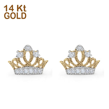 14K Gold Two Tone Micropave Crown Post Tiny Studs Earring for Women and Girls